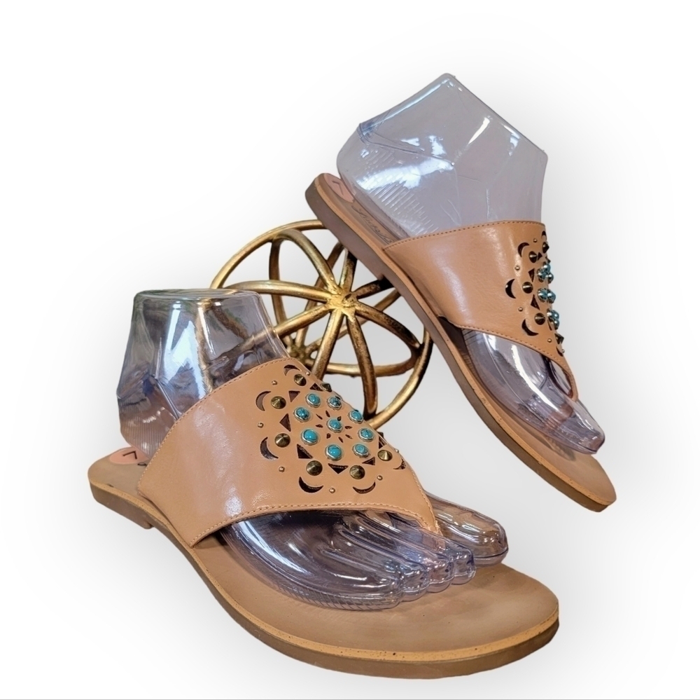 Lucky Brand 'Breese' Sandal Tan Thong with turquoise embellishments boho Size 7